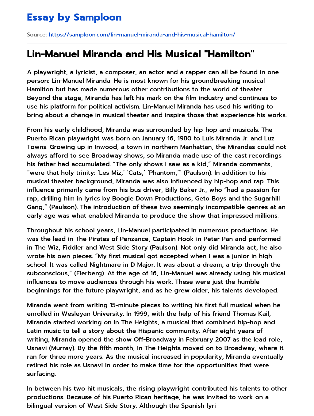 Lin-Manuel Miranda and His Musical “Hamilton” essay