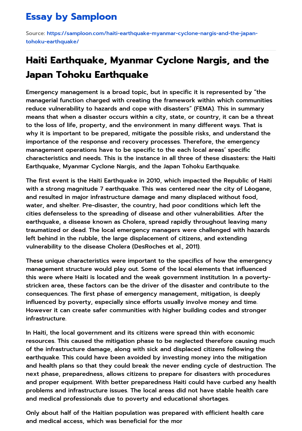 Haiti Earthquake, Myanmar Cyclone Nargis, and the Japan Tohoku Earthquake essay