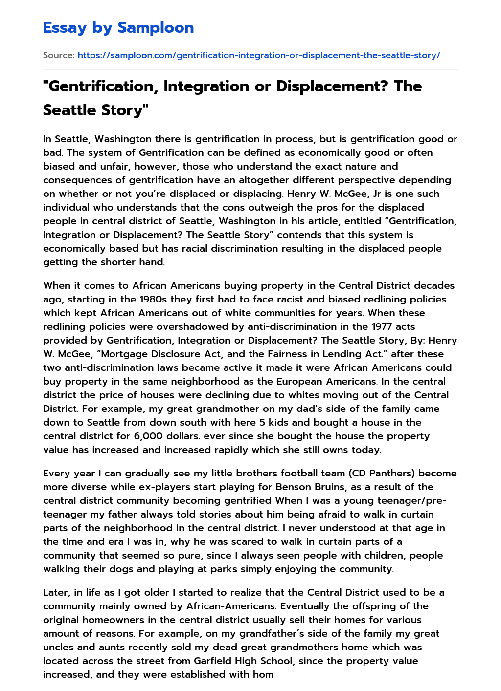 “Gentrification, Integration or Displacement? The Seattle Story” essay