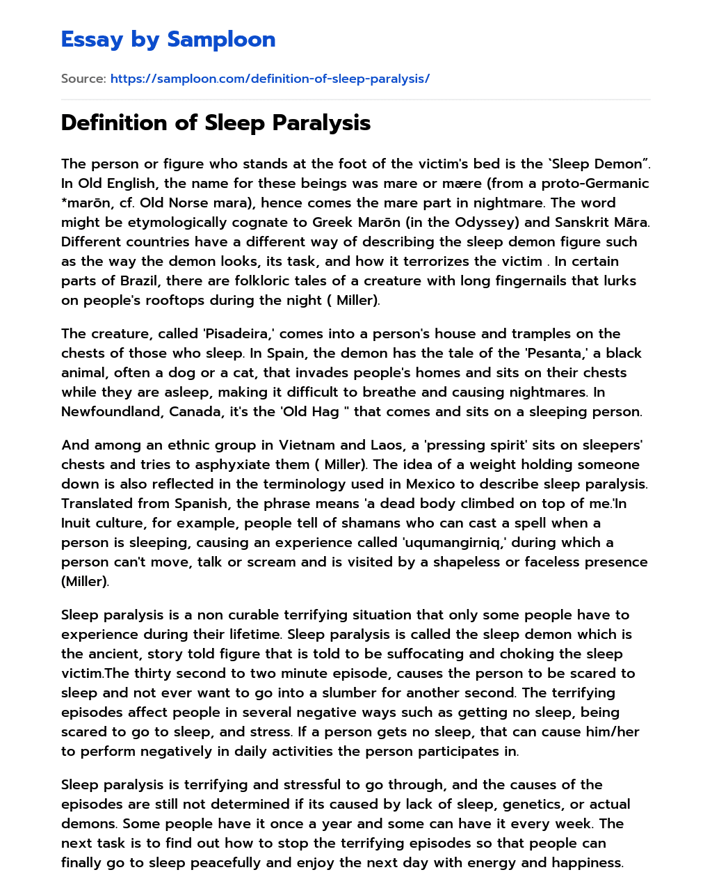 Definition of Sleep Paralysis essay