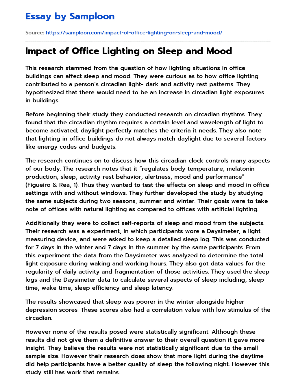 Impact of Office Lighting on Sleep and Mood essay
