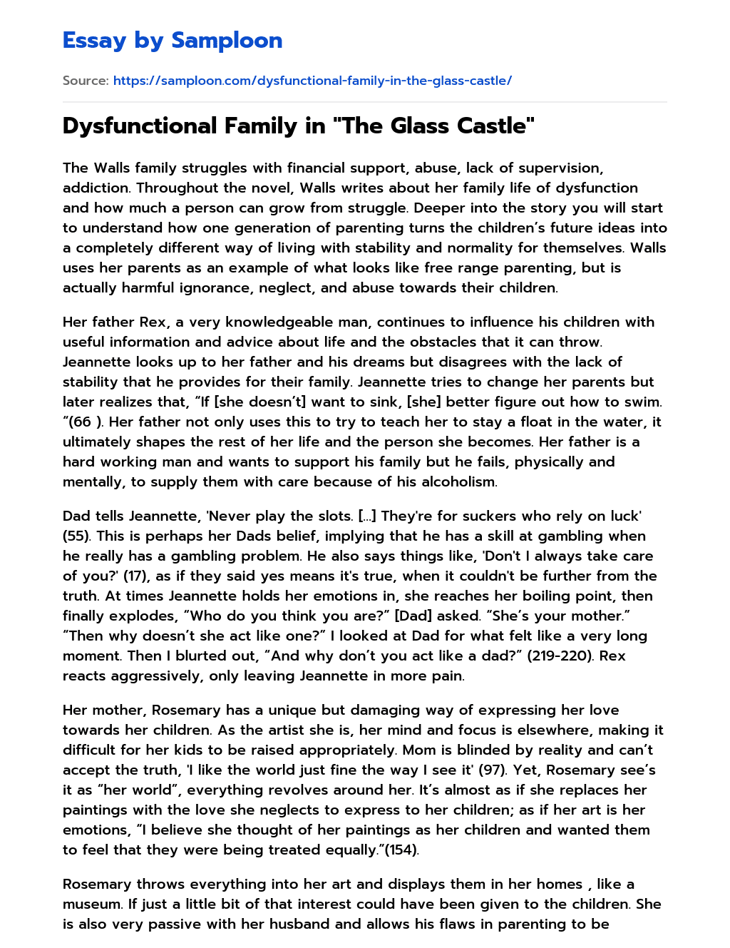 Dysfunctional Family in “The Glass Castle” essay