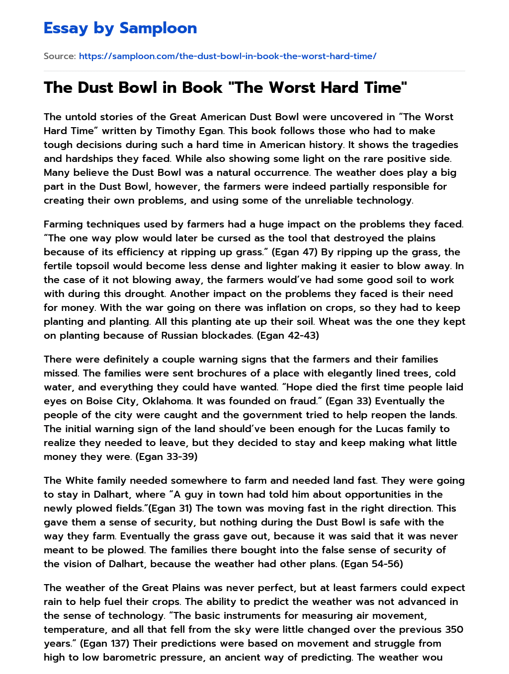 The Dust Bowl in Book “The Worst Hard Time” essay