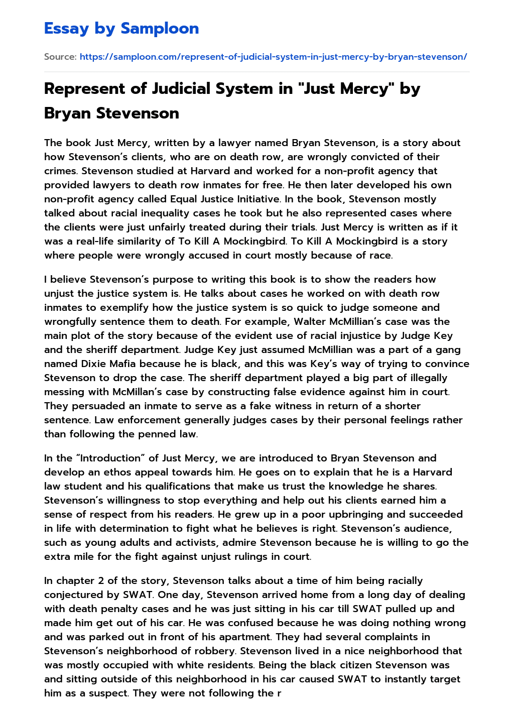 Represent of Judicial System in “Just Mercy” by Bryan Stevenson Analytical Essay essay