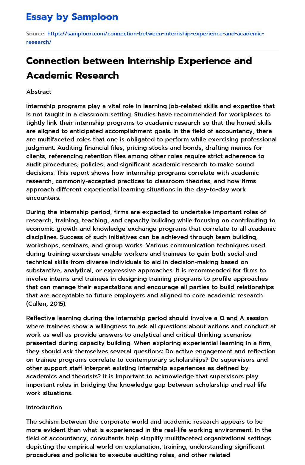 Connection between Internship Experience and Academic Research essay