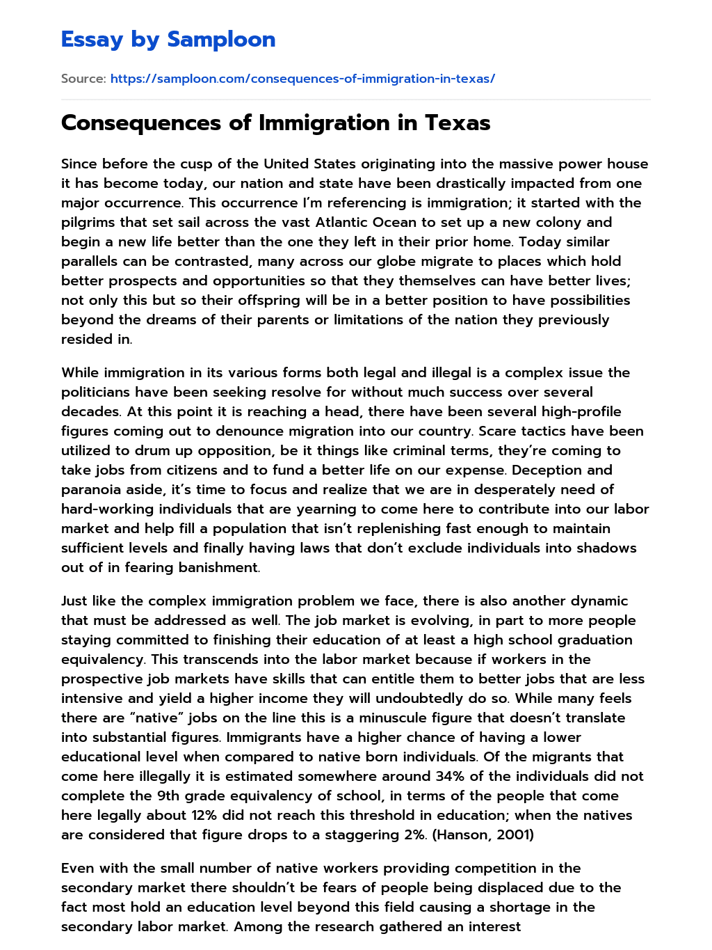 Consequences of Immigration in Texas essay