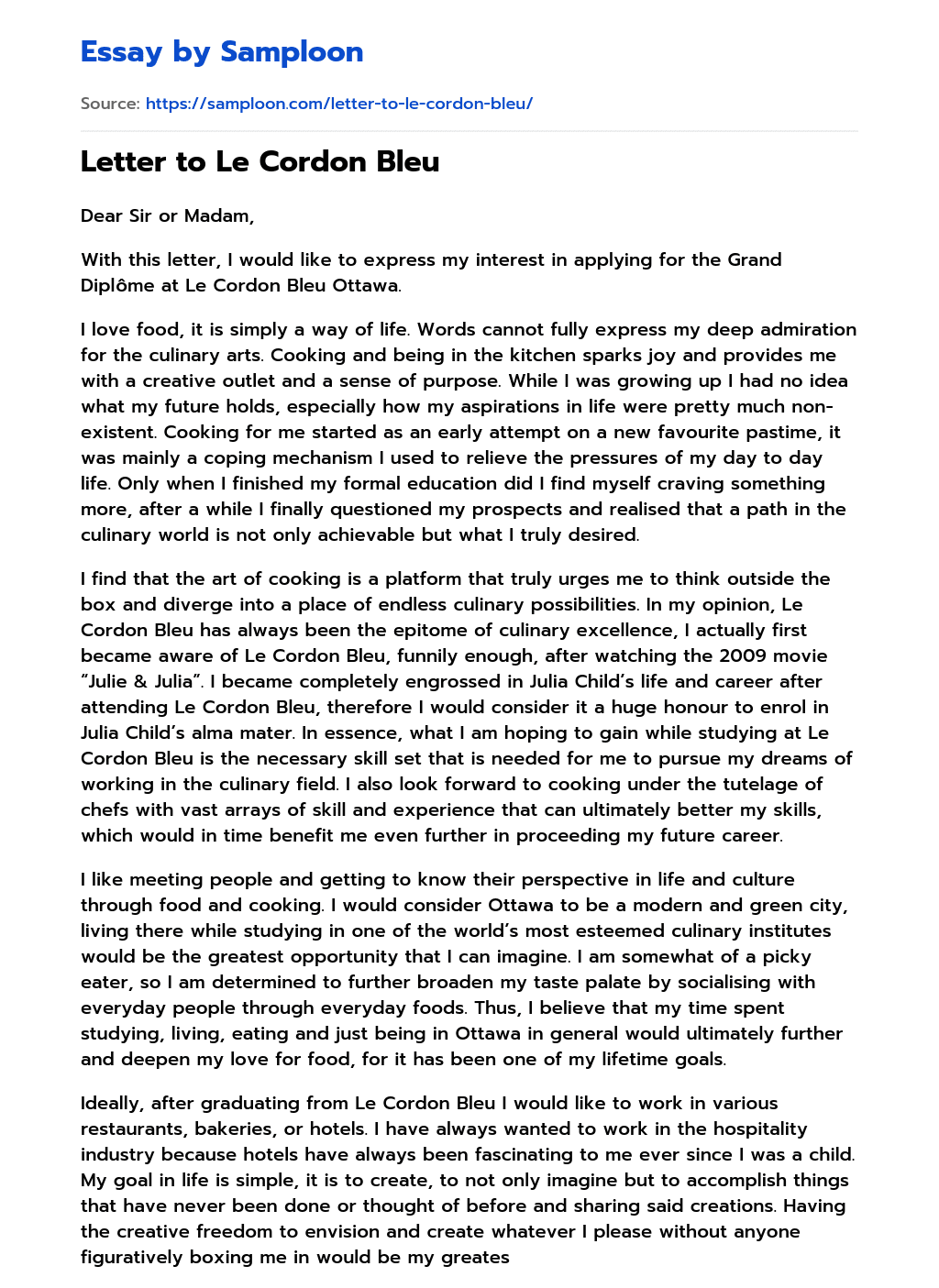 Letter to Le Cordon Bleu essay