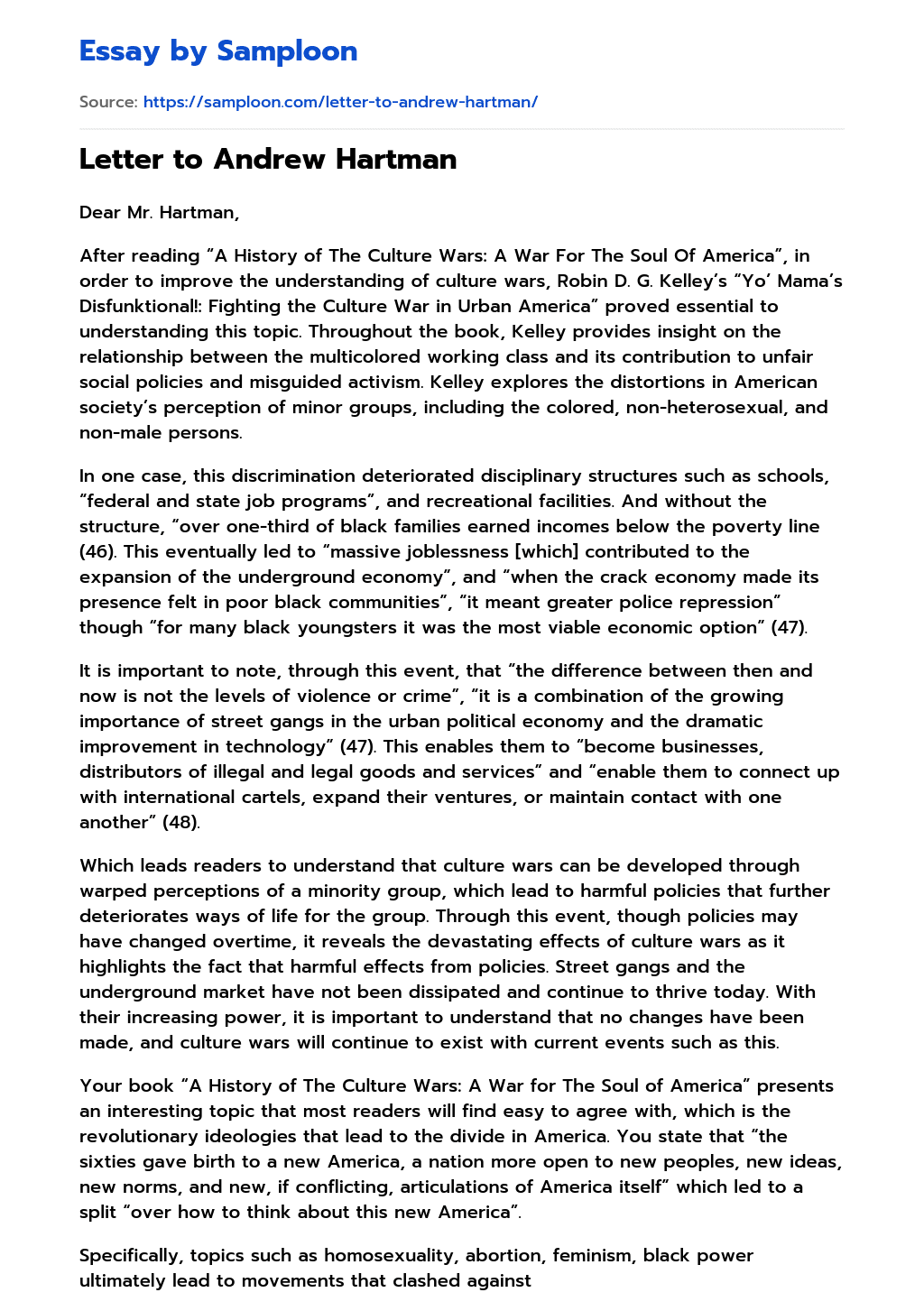 Letter to Andrew Hartman essay