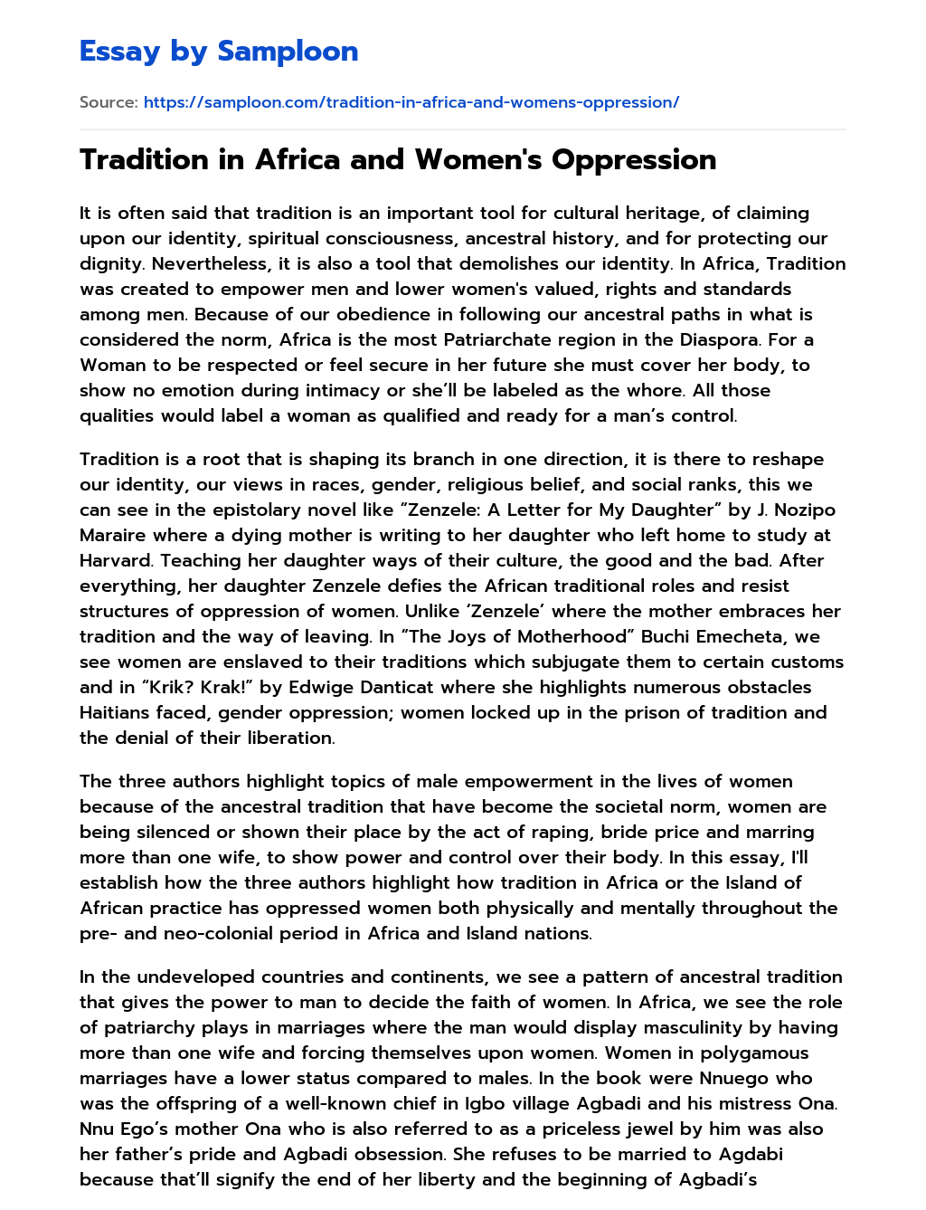 Tradition in Africa and Women’s Oppression essay