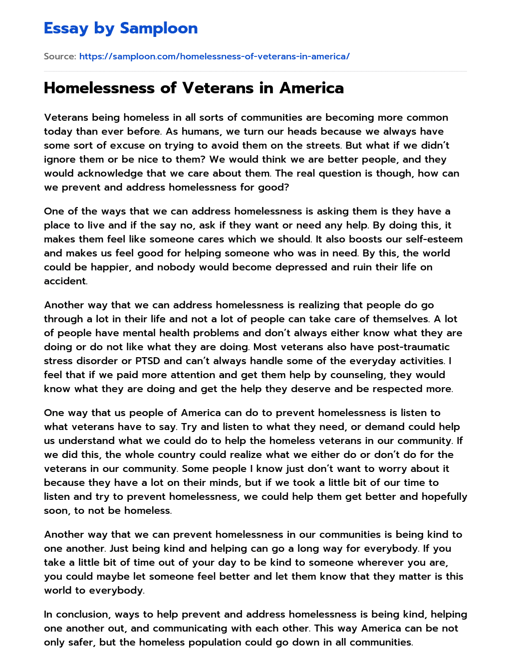 Homelessness of Veterans in America essay