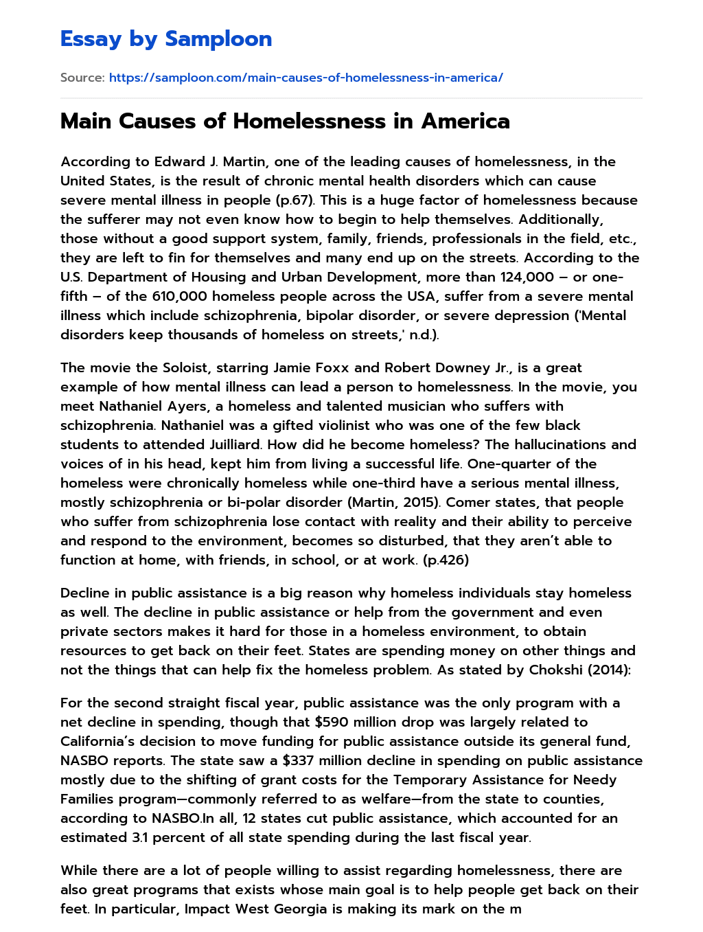 Main Causes of Homelessness in America essay