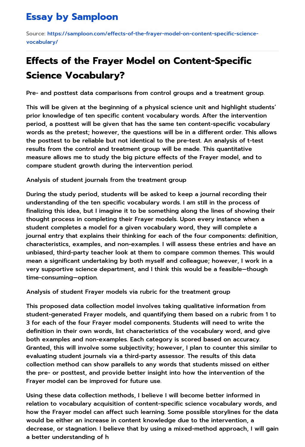 Effects of the Frayer Model on Content-Specific Science Vocabulary? essay