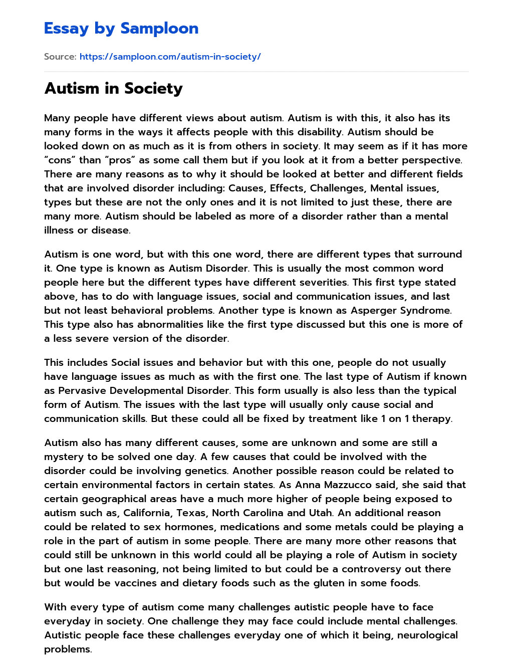 essay on autistic child