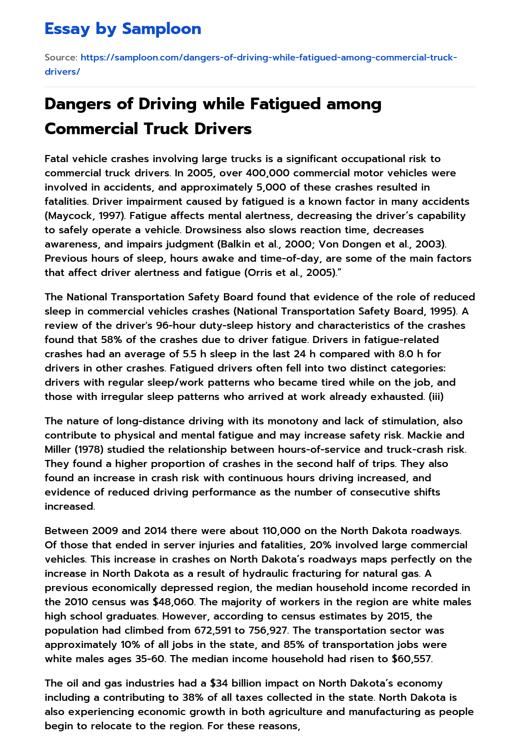 Dangers of Driving while Fatigued among Commercial Truck Drivers essay