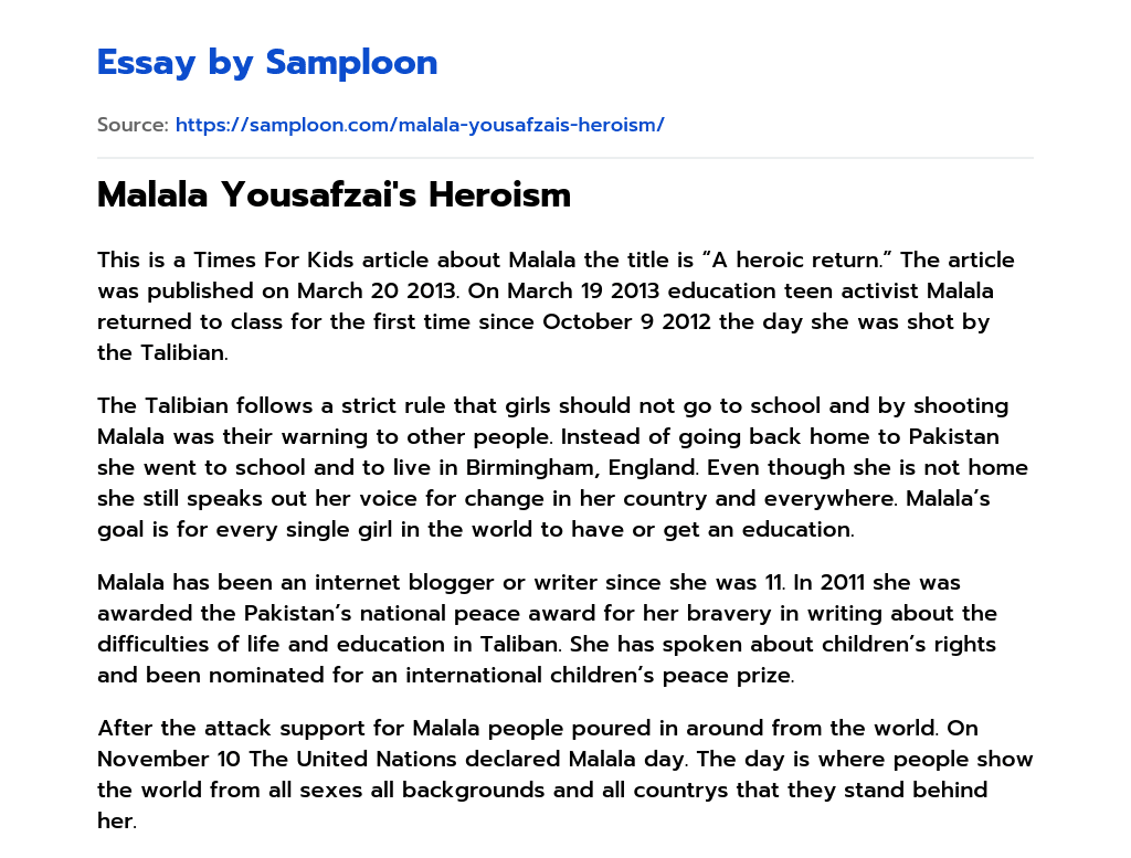 Malala Yousafzai’s Heroism essay