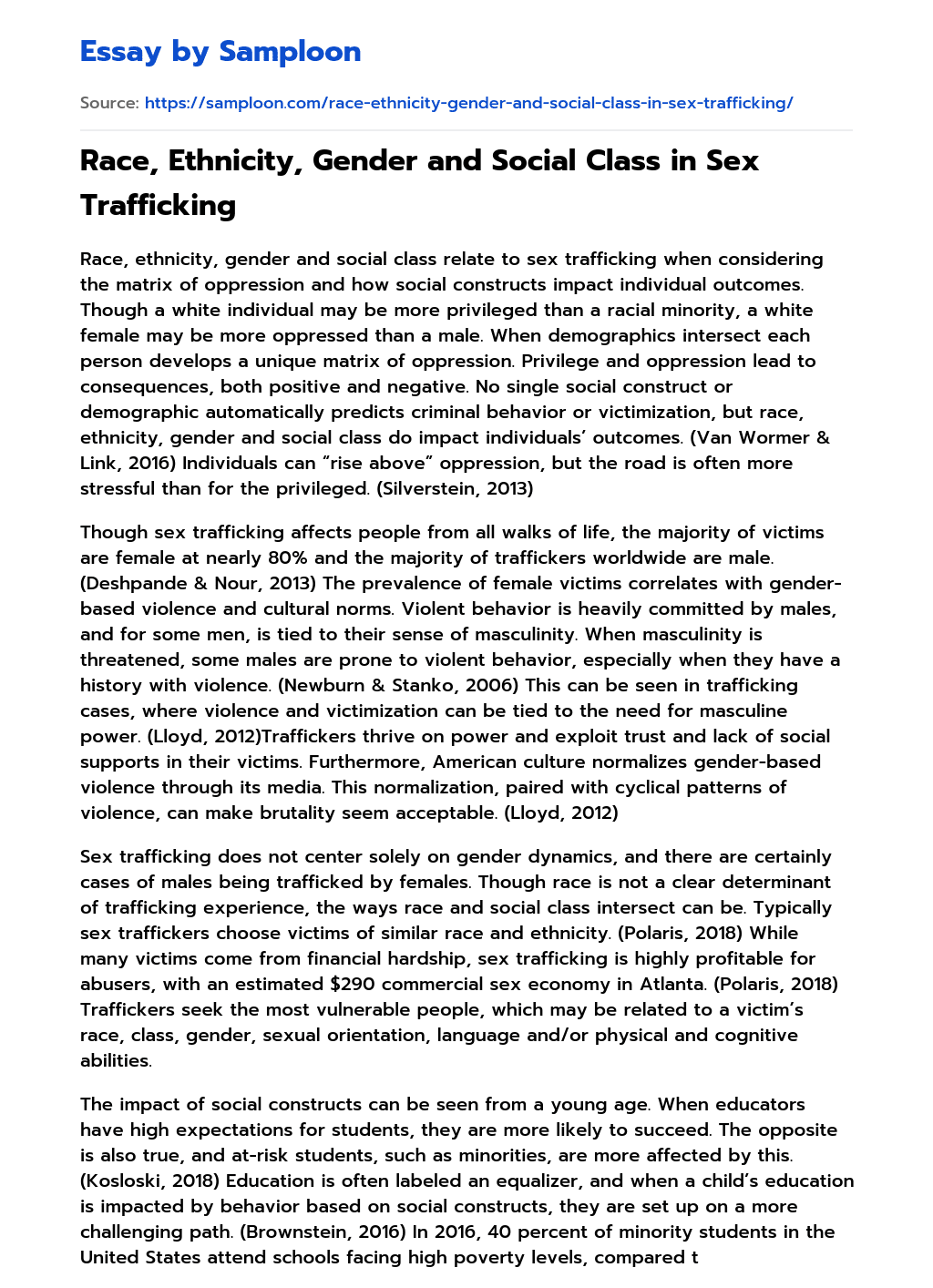 Race, Ethnicity, Gender and Social Class in Sex Trafficking essay