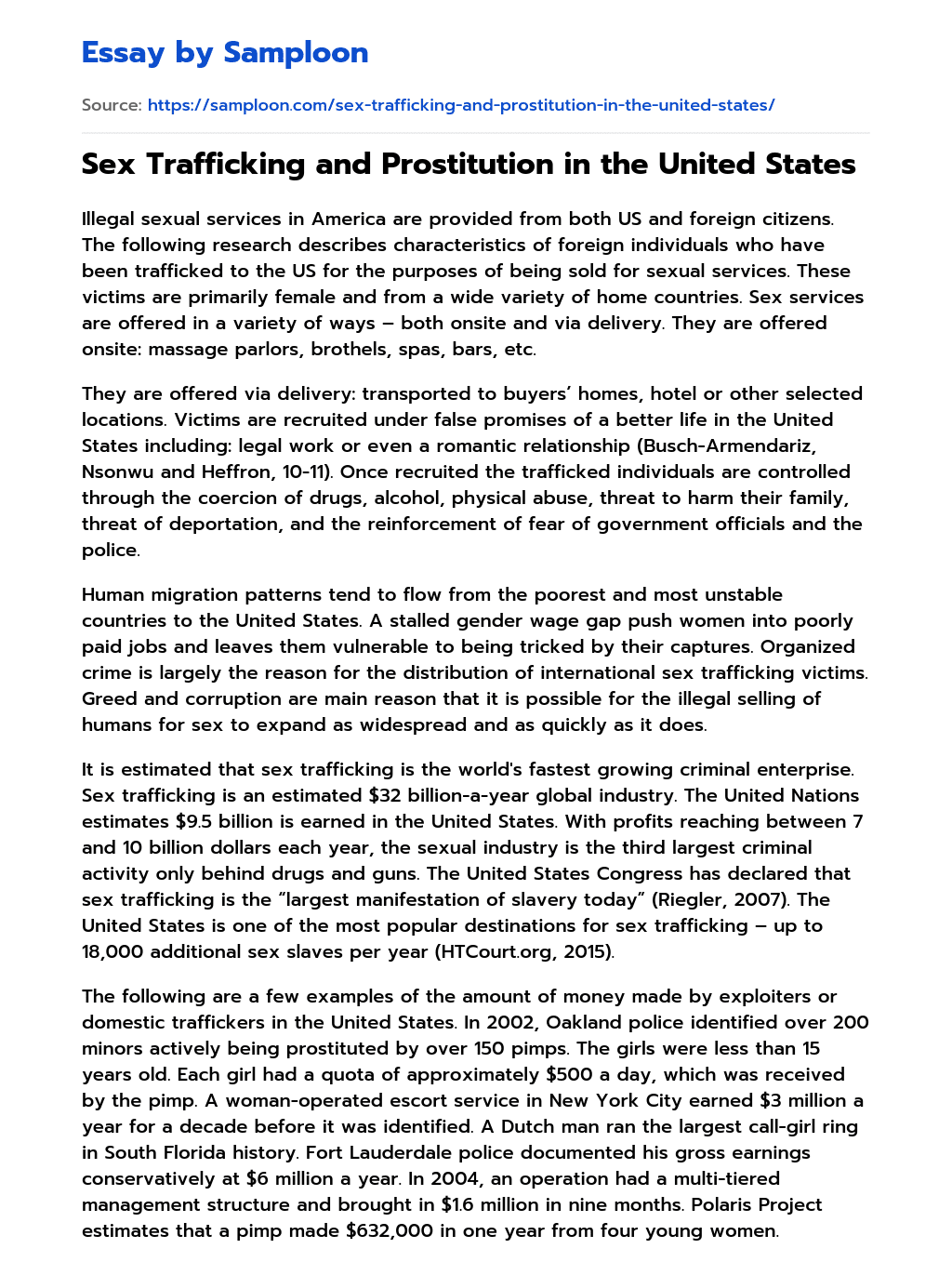 Sex Trafficking and Prostitution in the United States essay