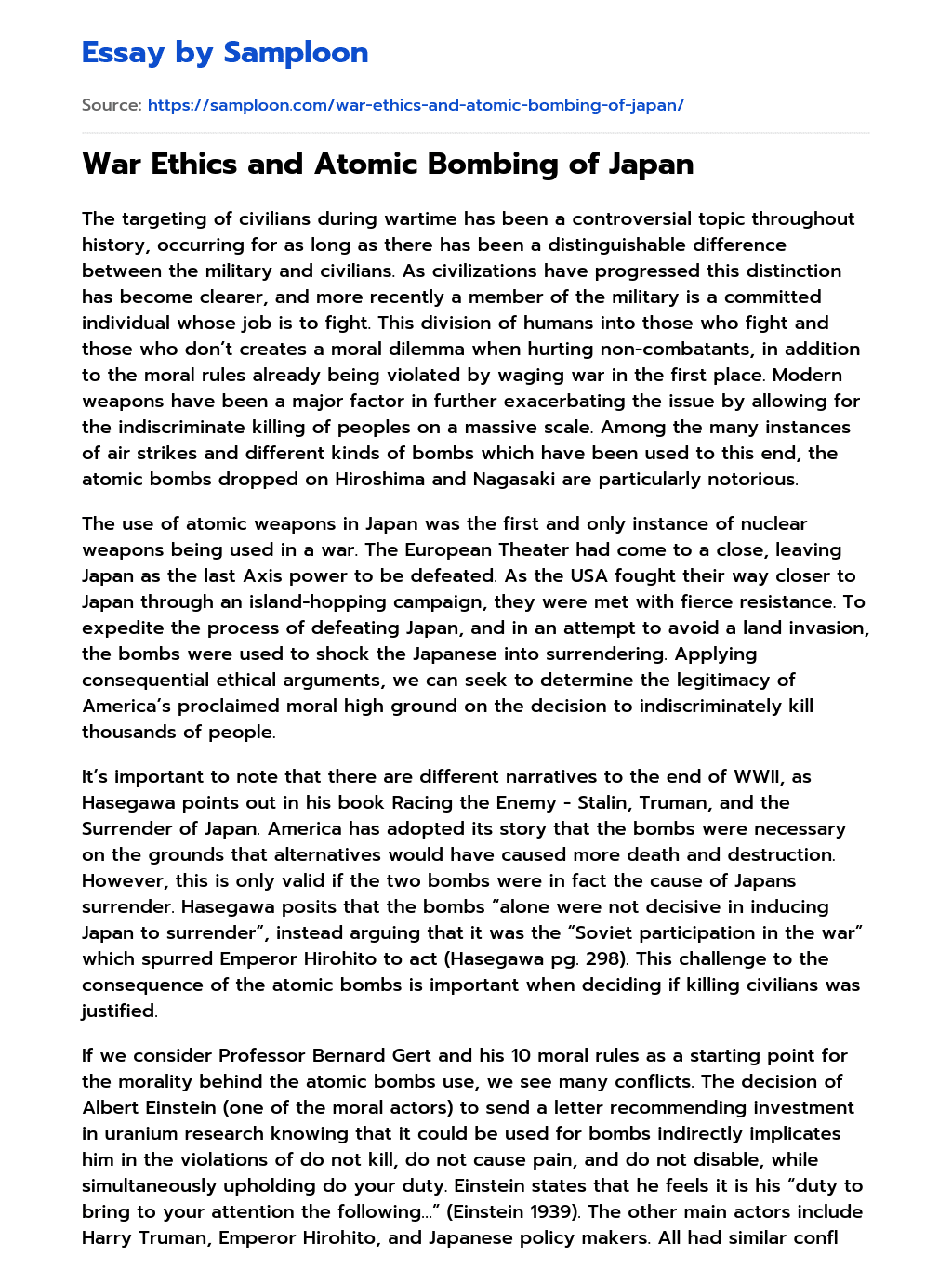 War Ethics and Atomic Bombing of Japan essay