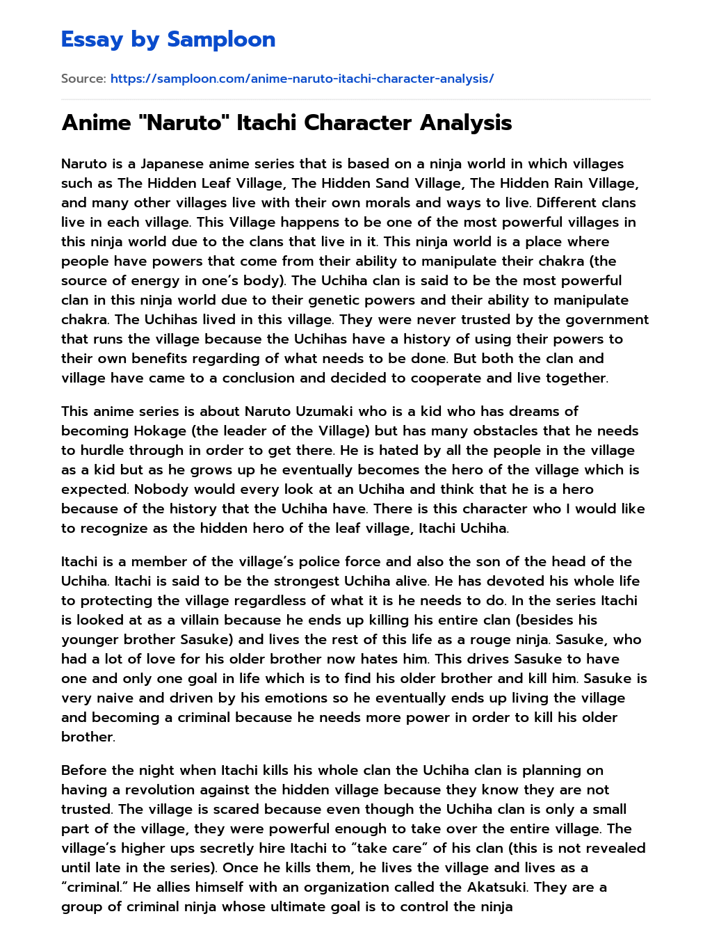 Anime “Naruto” Itachi Character Analysis essay