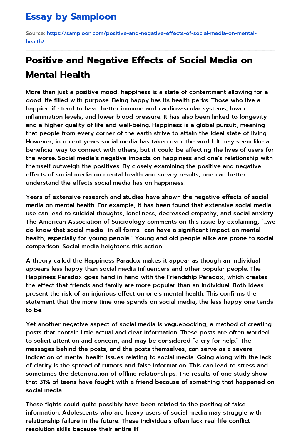 effect of social media on mental health research paper