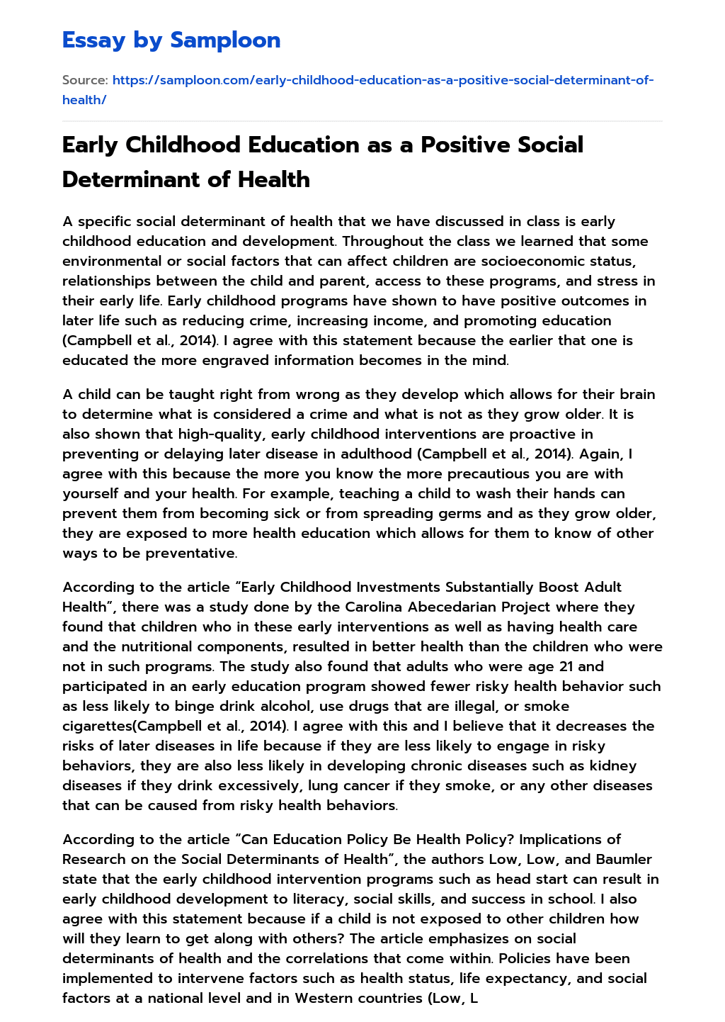 Early Childhood Education as a Positive Social Determinant of Health essay