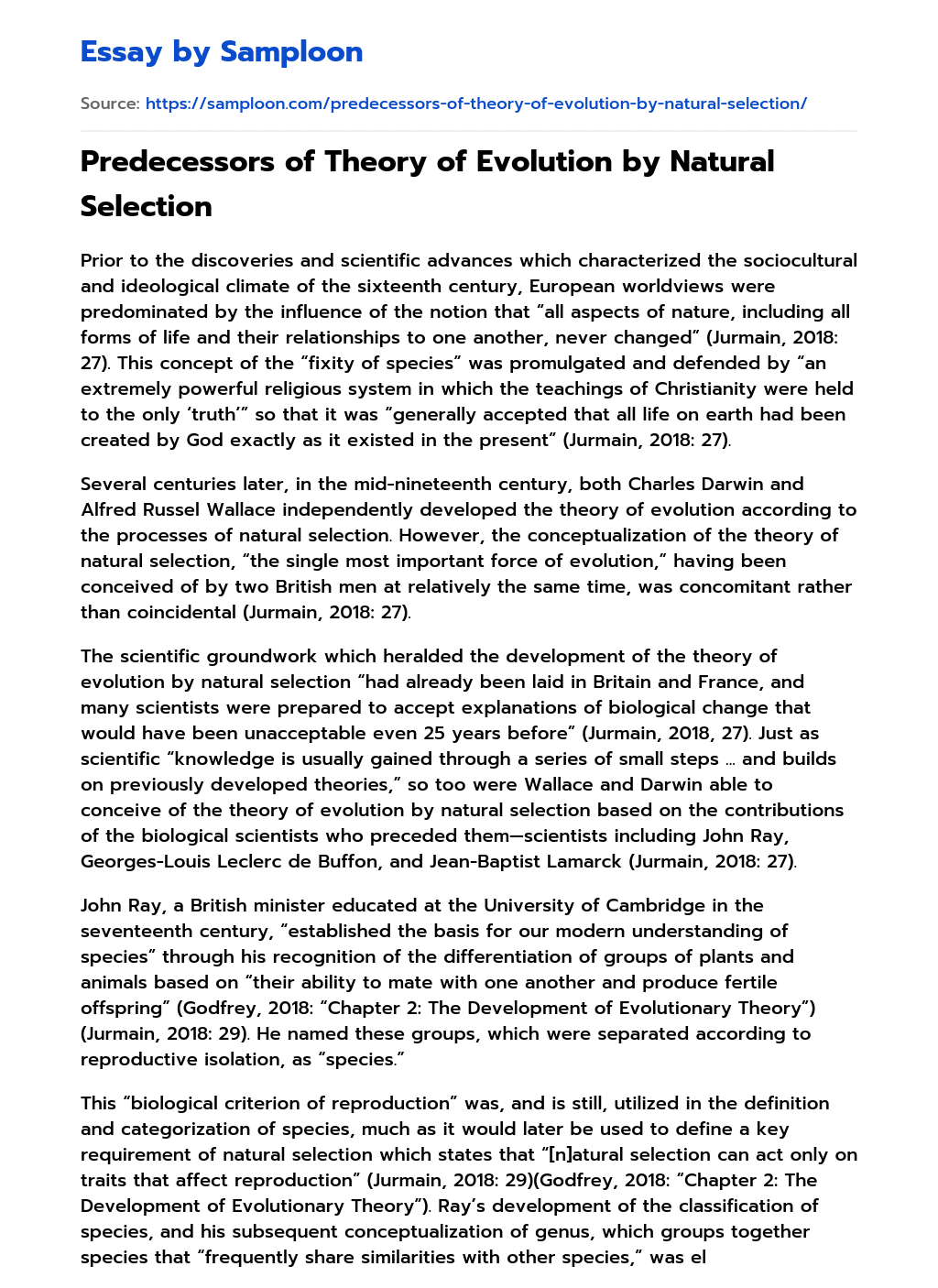 Predecessors of Theory of Evolution by Natural Selection essay