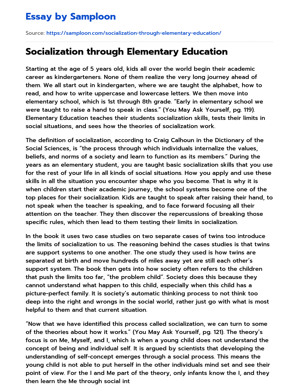 Socialization through Elementary Education essay