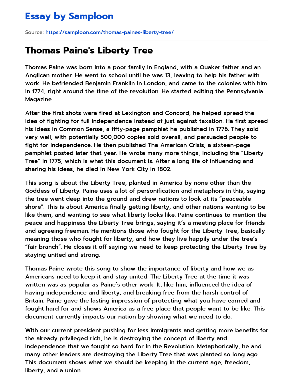 Thomas Paine’s Liberty Tree Analytical Essay essay