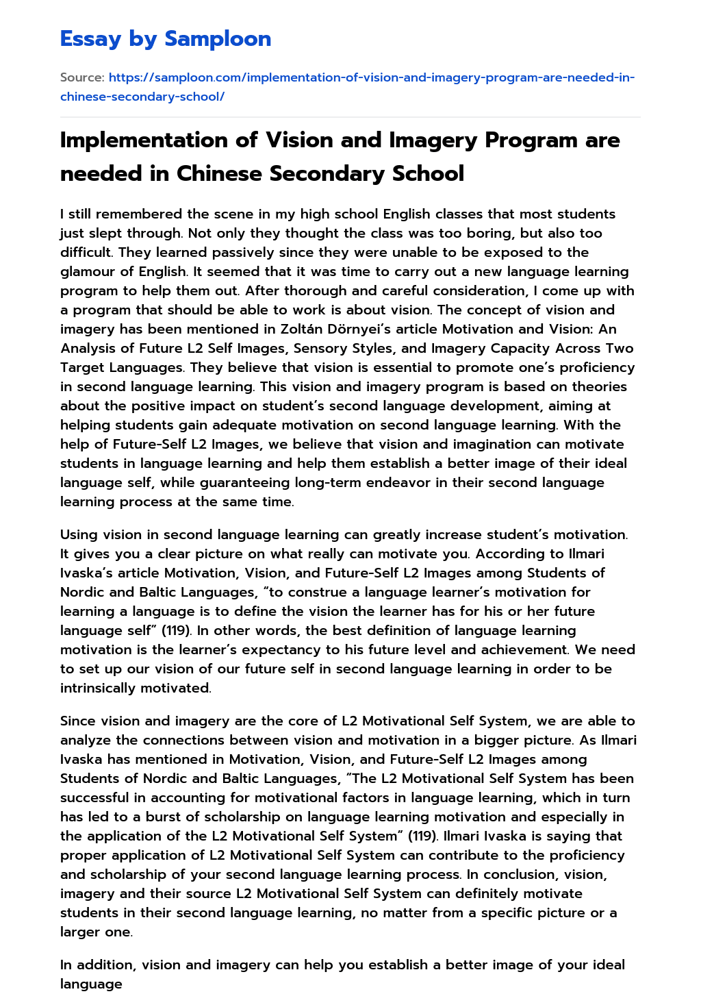 Implementation of Vision and Imagery Program are needed in Chinese Secondary School essay