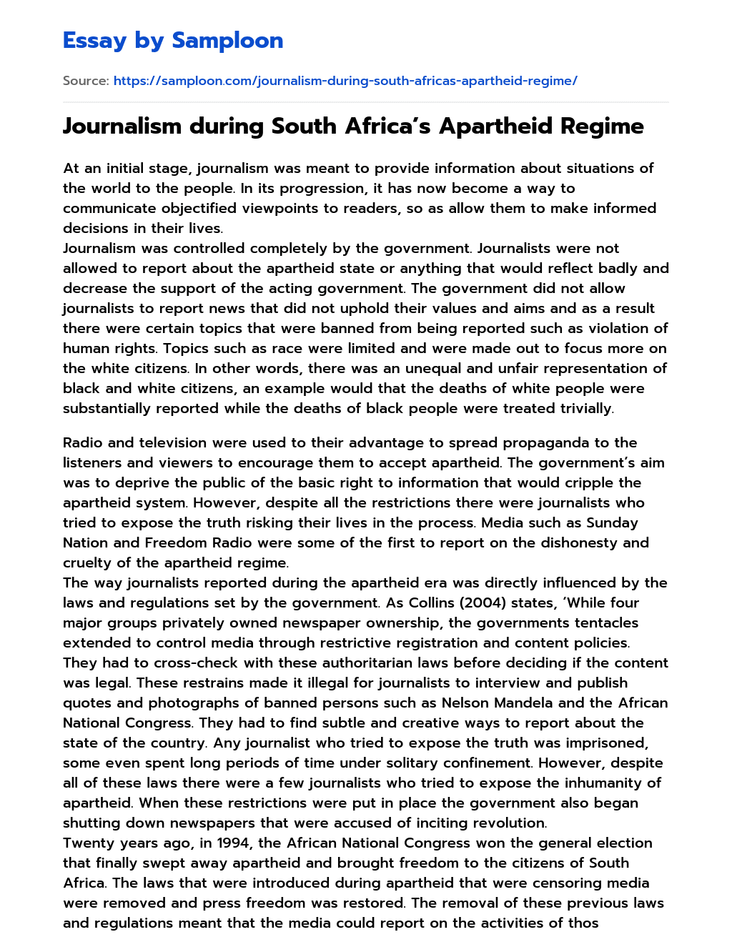 Journalism during South Africa’s Apartheid Regime essay