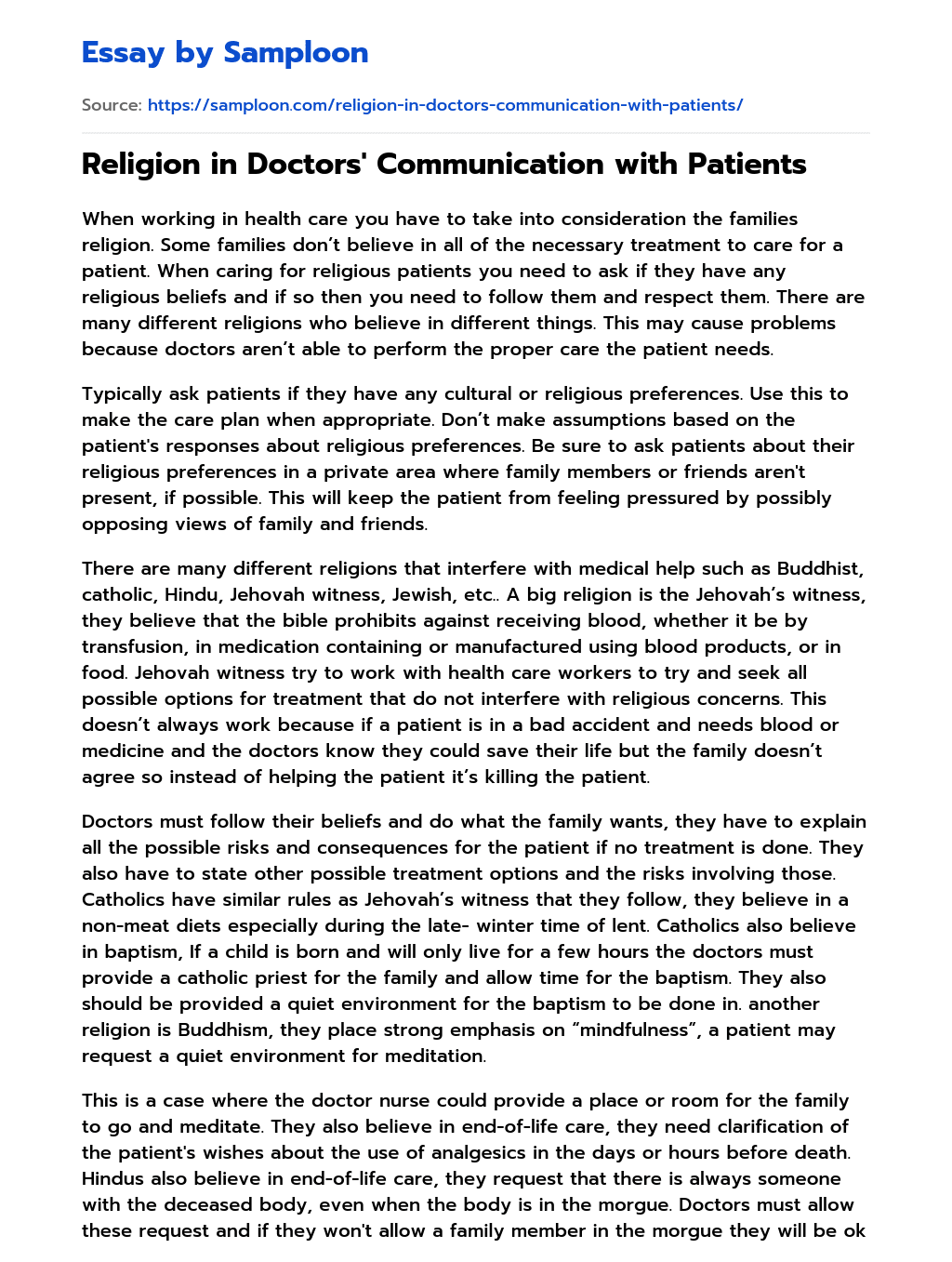 Religion in Doctors’ Communication with Patients essay