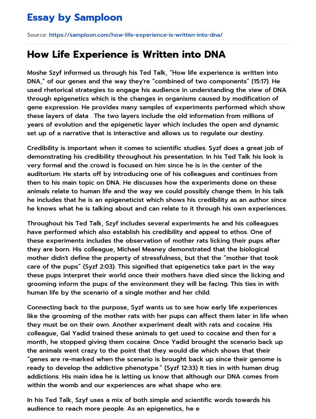 How Life Experience is Written into DNA essay