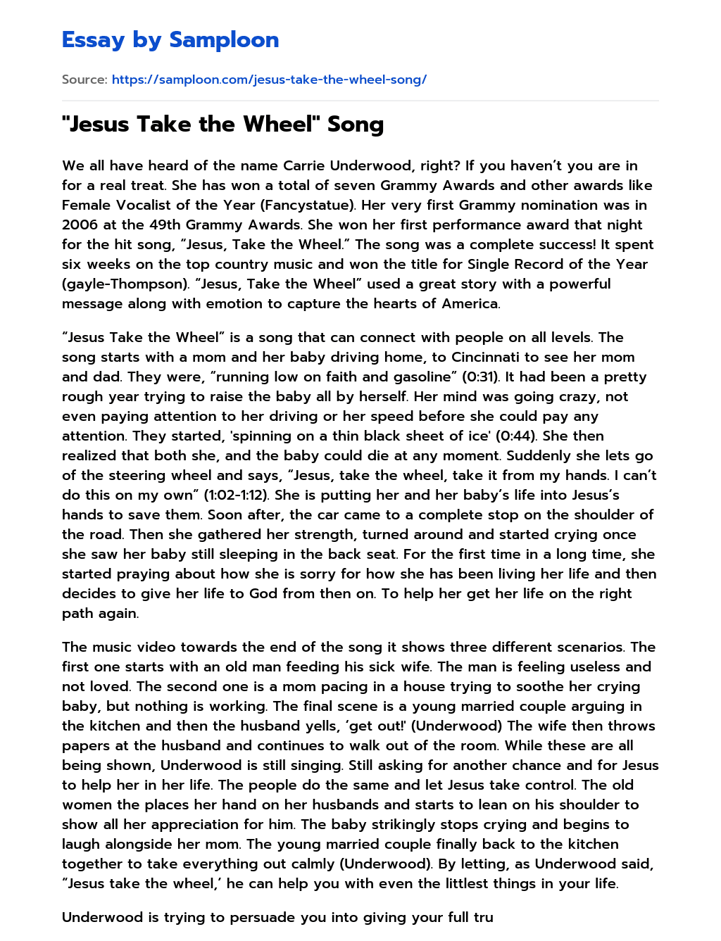 “Jesus Take the Wheel” Song essay
