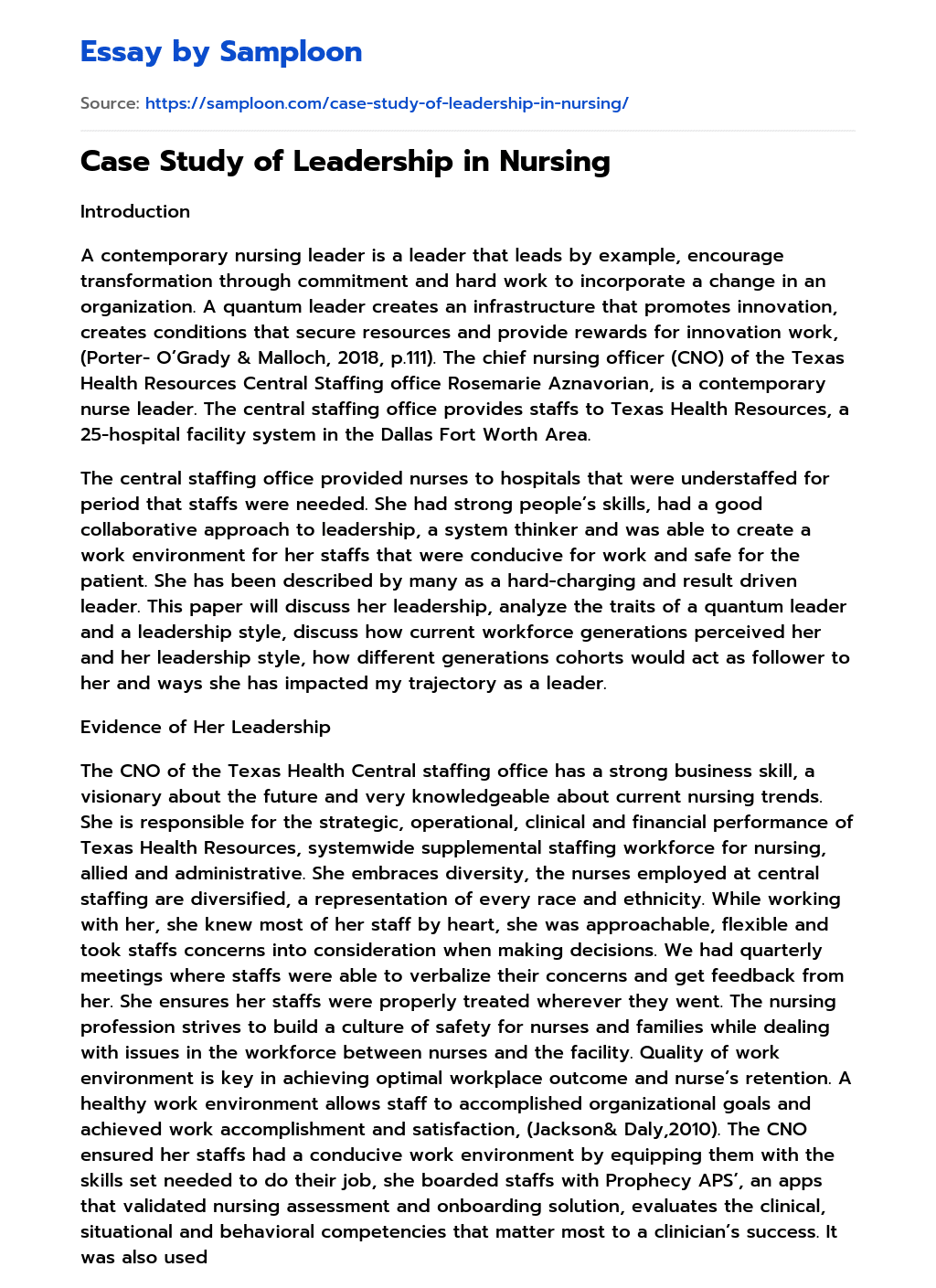  Case Study Of Leadership In Nursing Free Essay Sample On Samploon