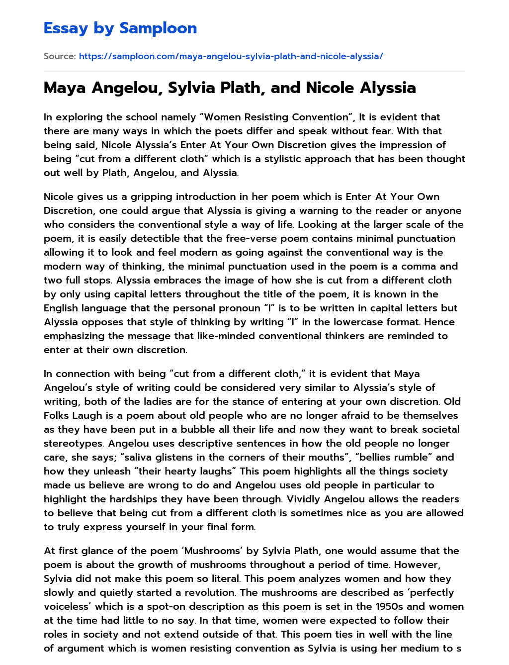 Maya Angelou, Sylvia Plath, and Nicole Alyssia Analytical Essay essay