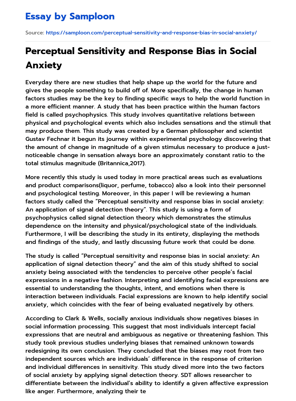 Perceptual Sensitivity and Response Bias in Social Anxiety essay