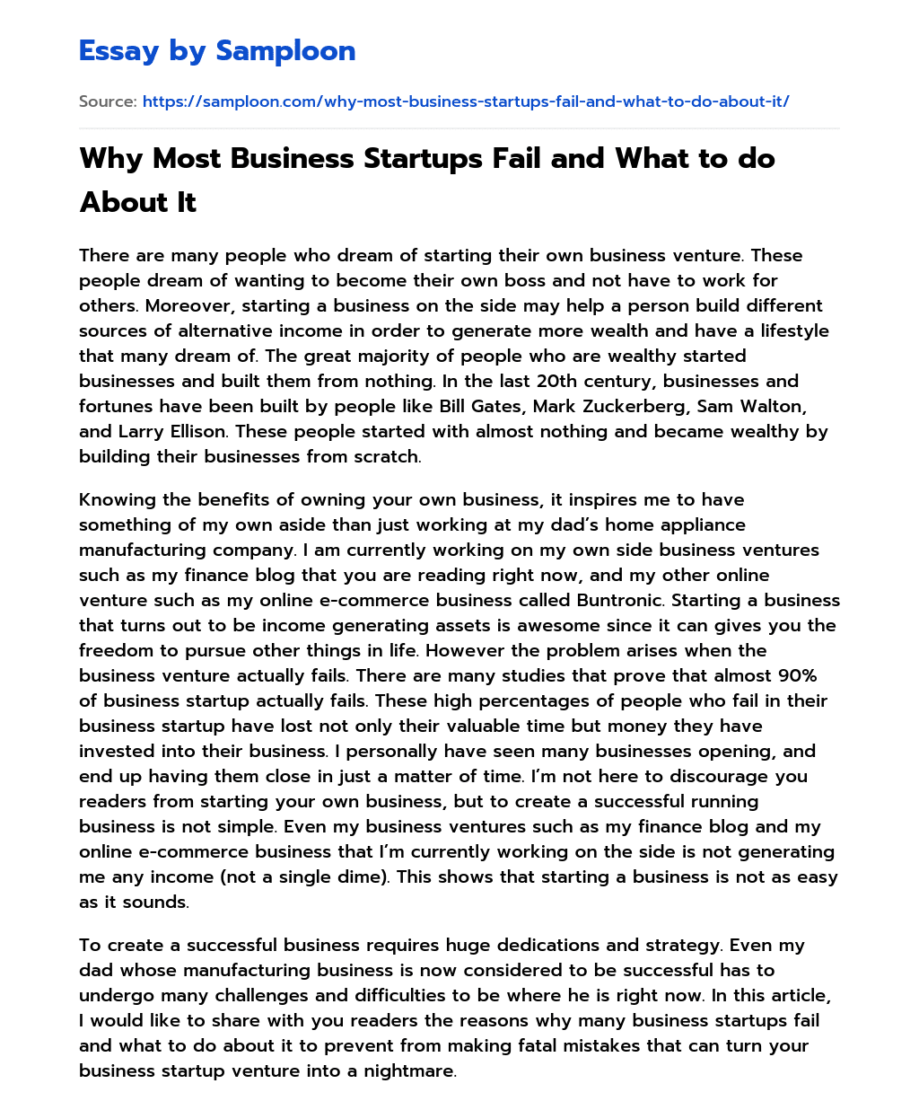 Why Most Business Startups Fail and What to do About It essay