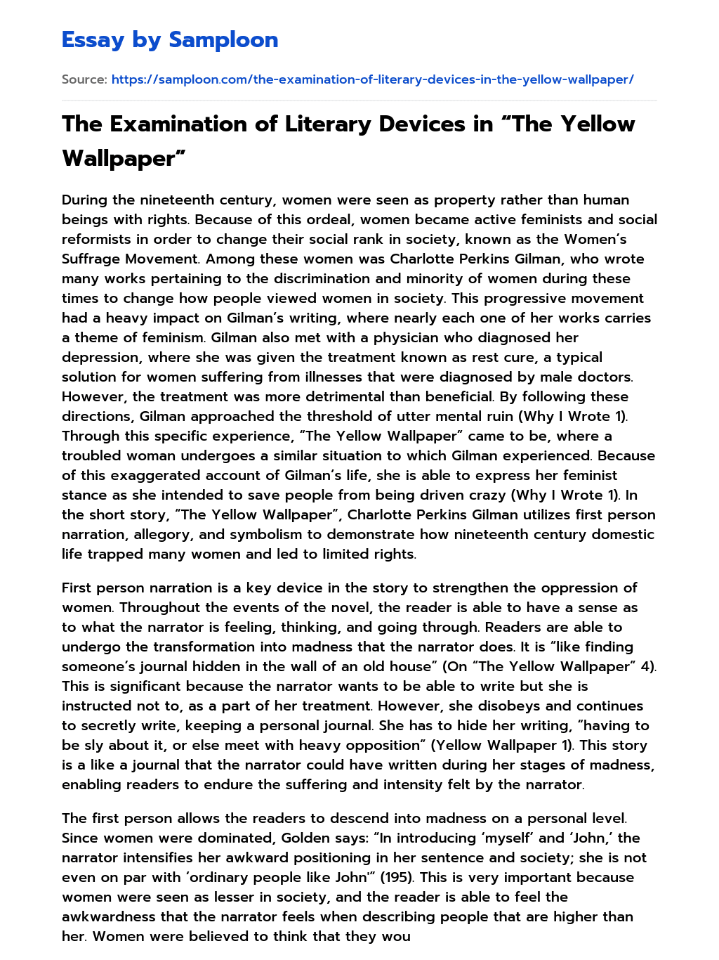 The Examination of Literary Devices in “The Yellow Wallpaper” essay