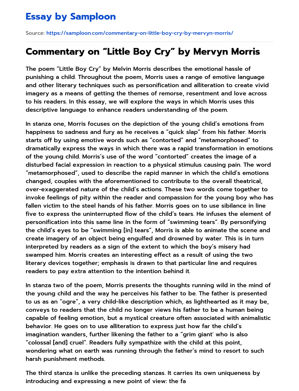 Commentary on “Little Boy Cry” by Mervyn Morris essay