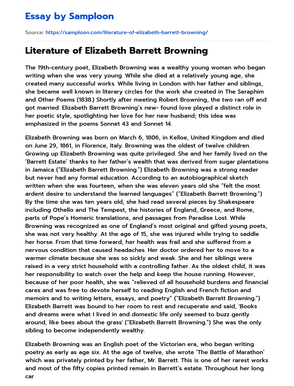 Literature of Elizabeth Barrett Browning Analytical Essay essay