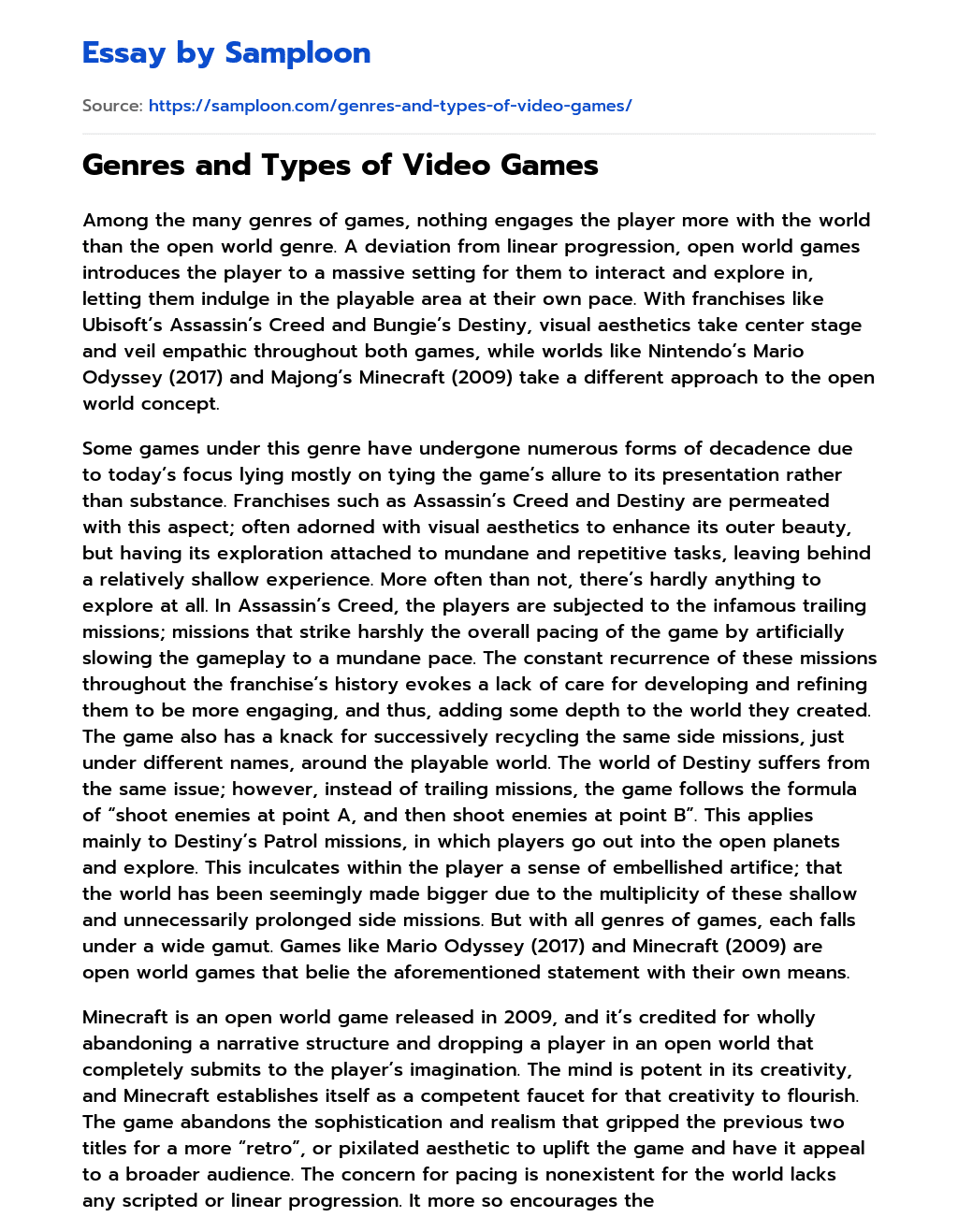 Genres and Types of Video Games essay