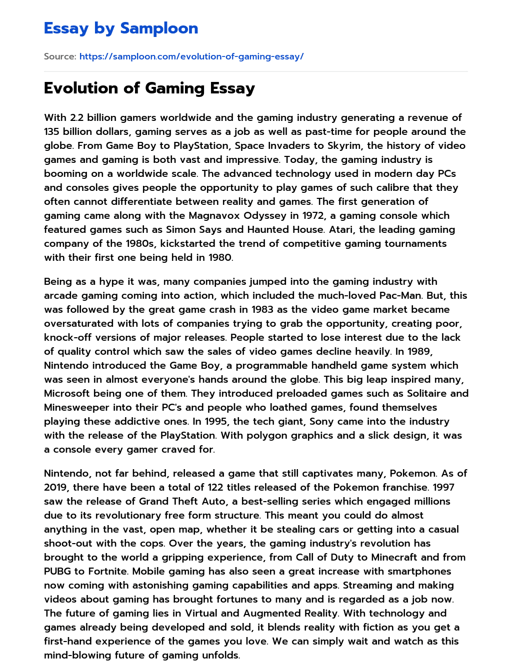 Evolution of Gaming Essay essay
