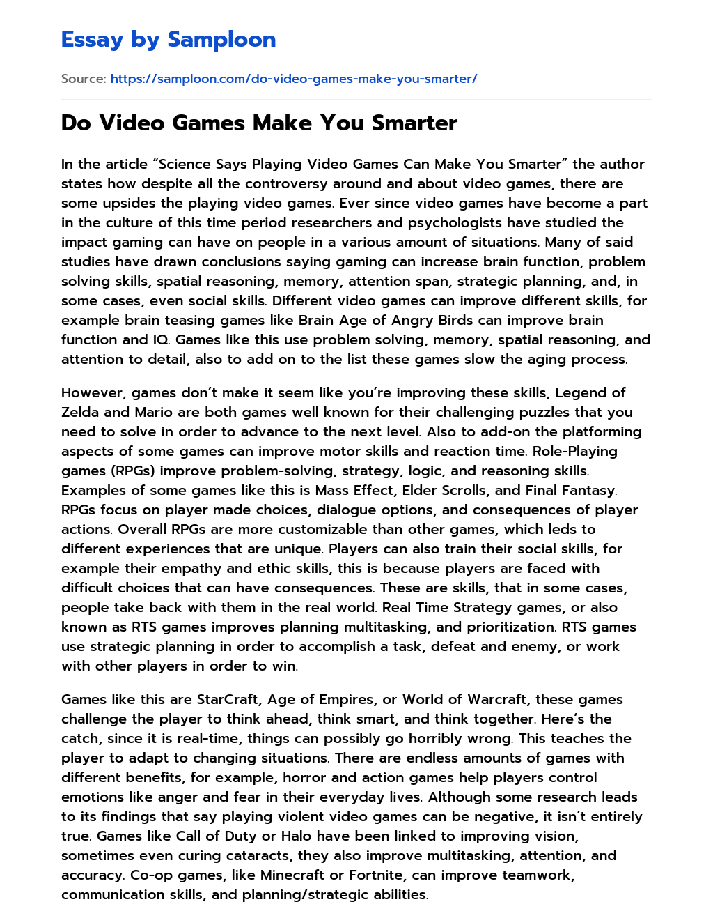Do Video Games Make You Smarter essay