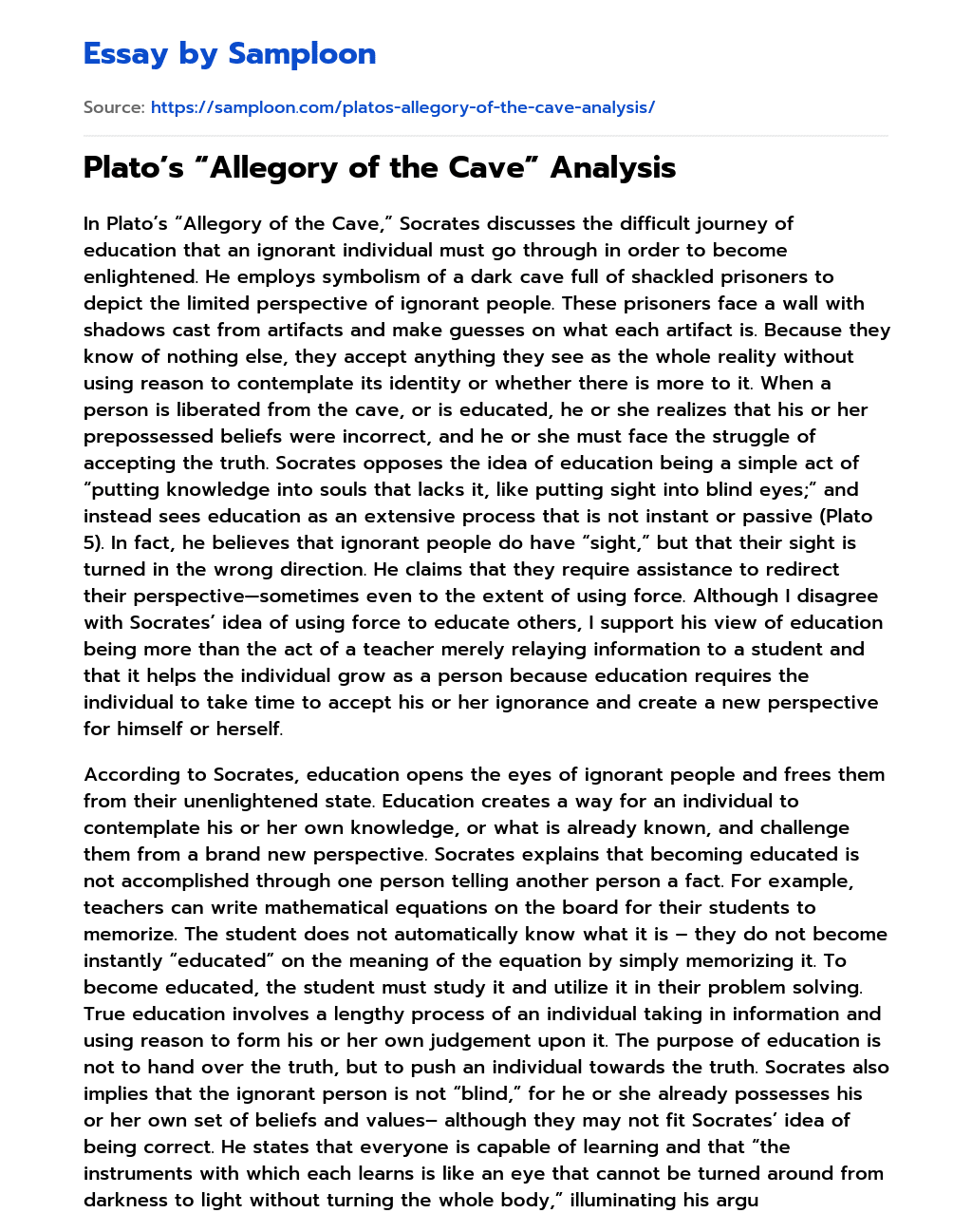 Plato’s “Allegory of the Cave” Analysis essay