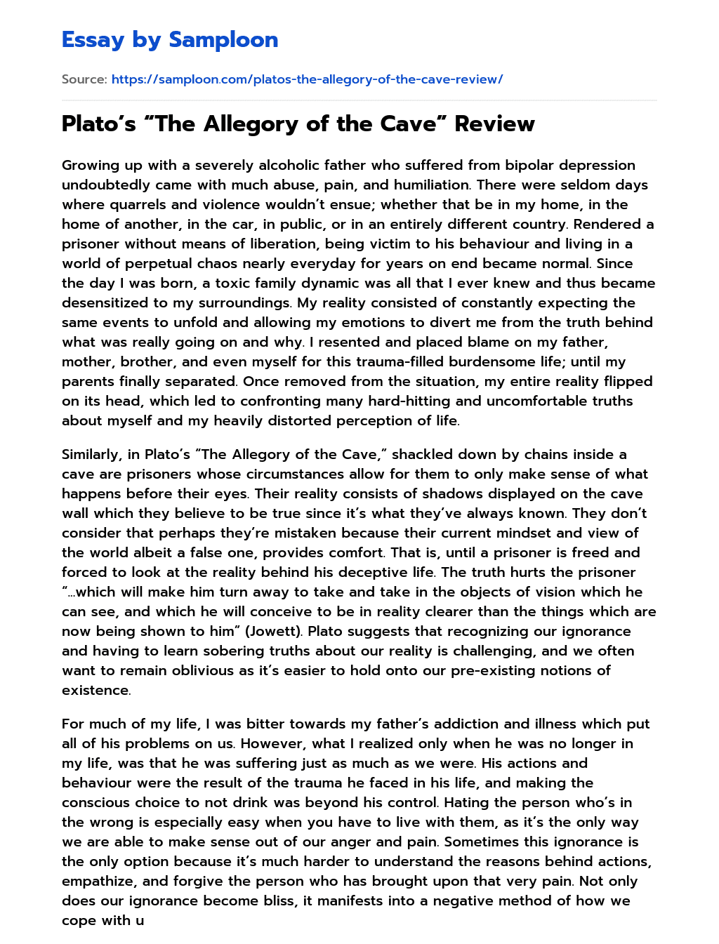 Plato’s “The Allegory of the Cave” Review essay