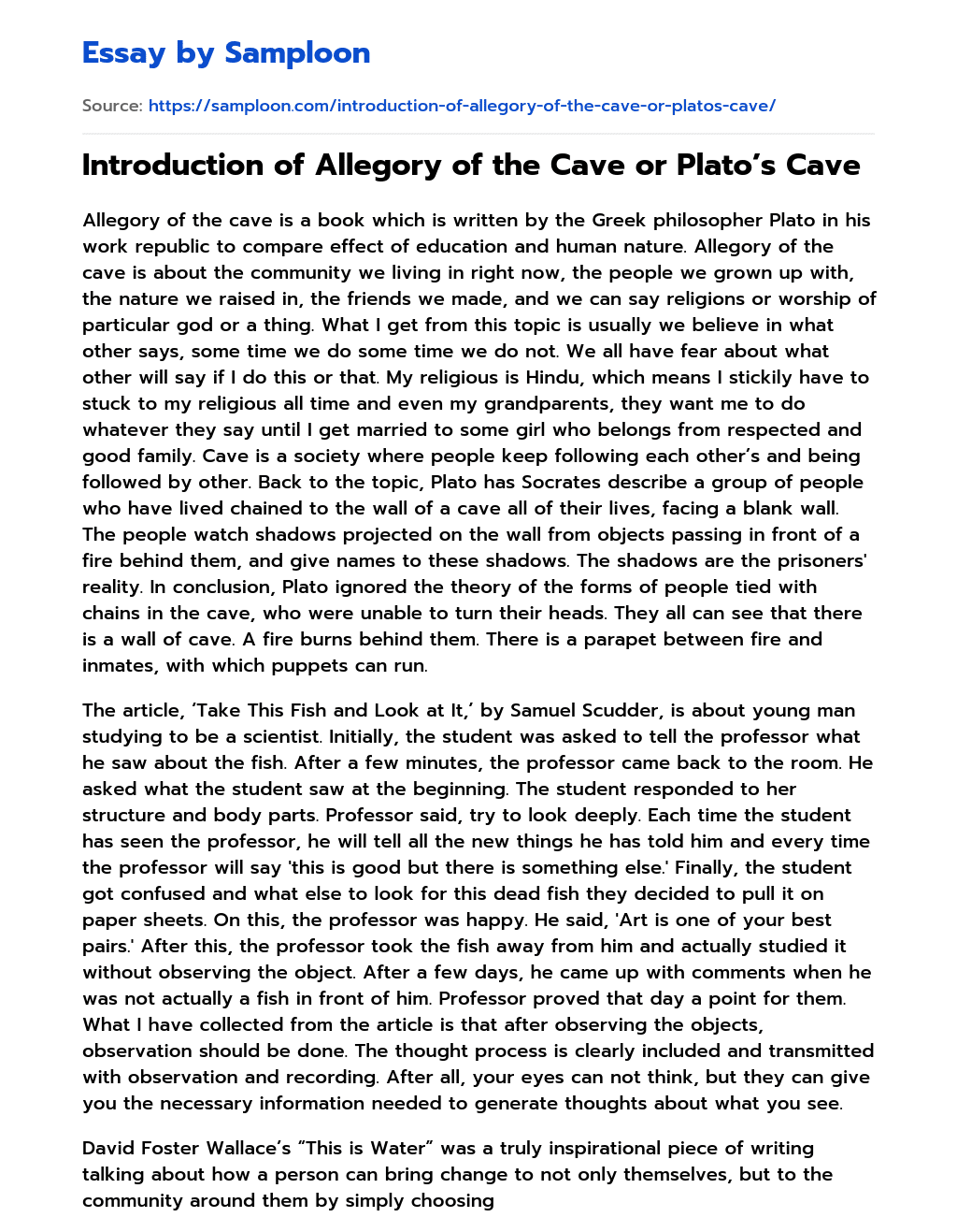 Introduction of Allegory of the Cave or Plato’s Cave essay