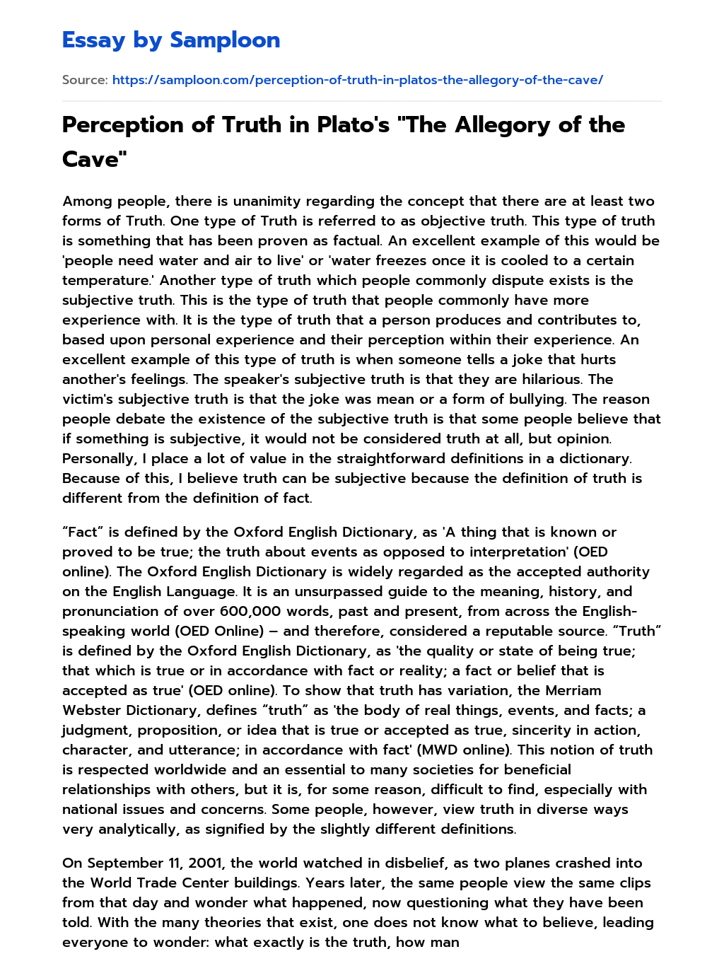 Perception of Truth in Plato’s “The Allegory of the Cave” essay