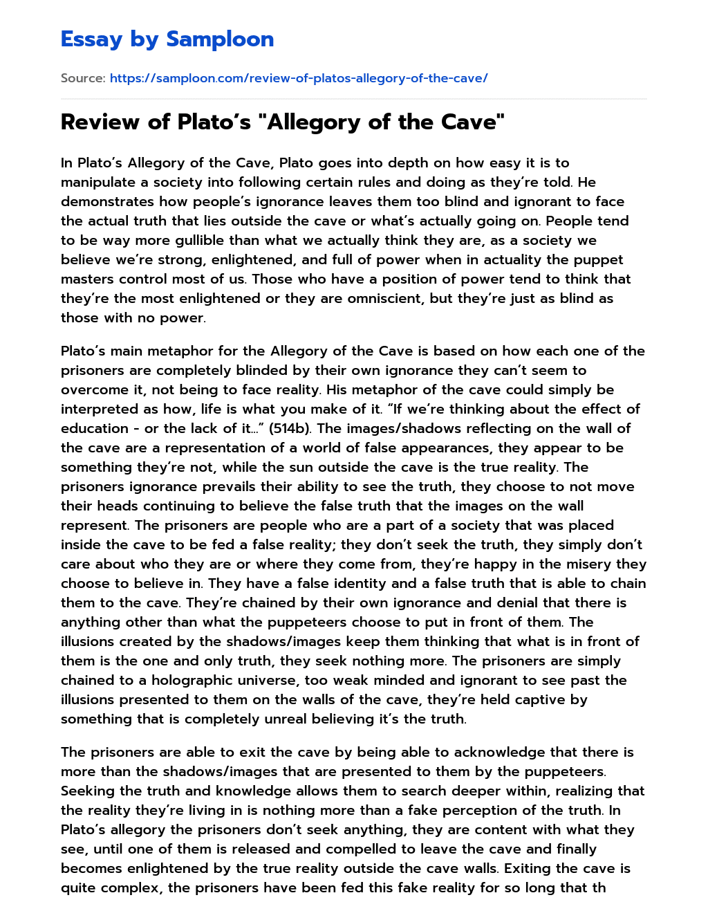 Review of Plato’s “Allegory of the Cave” essay