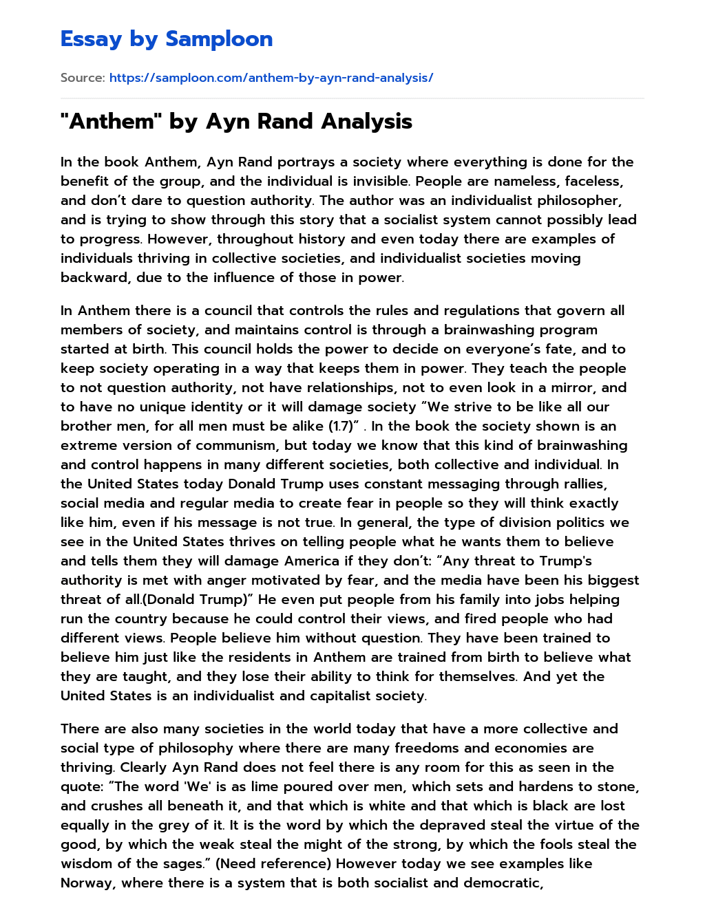 “Anthem” by Ayn Rand Analysis essay