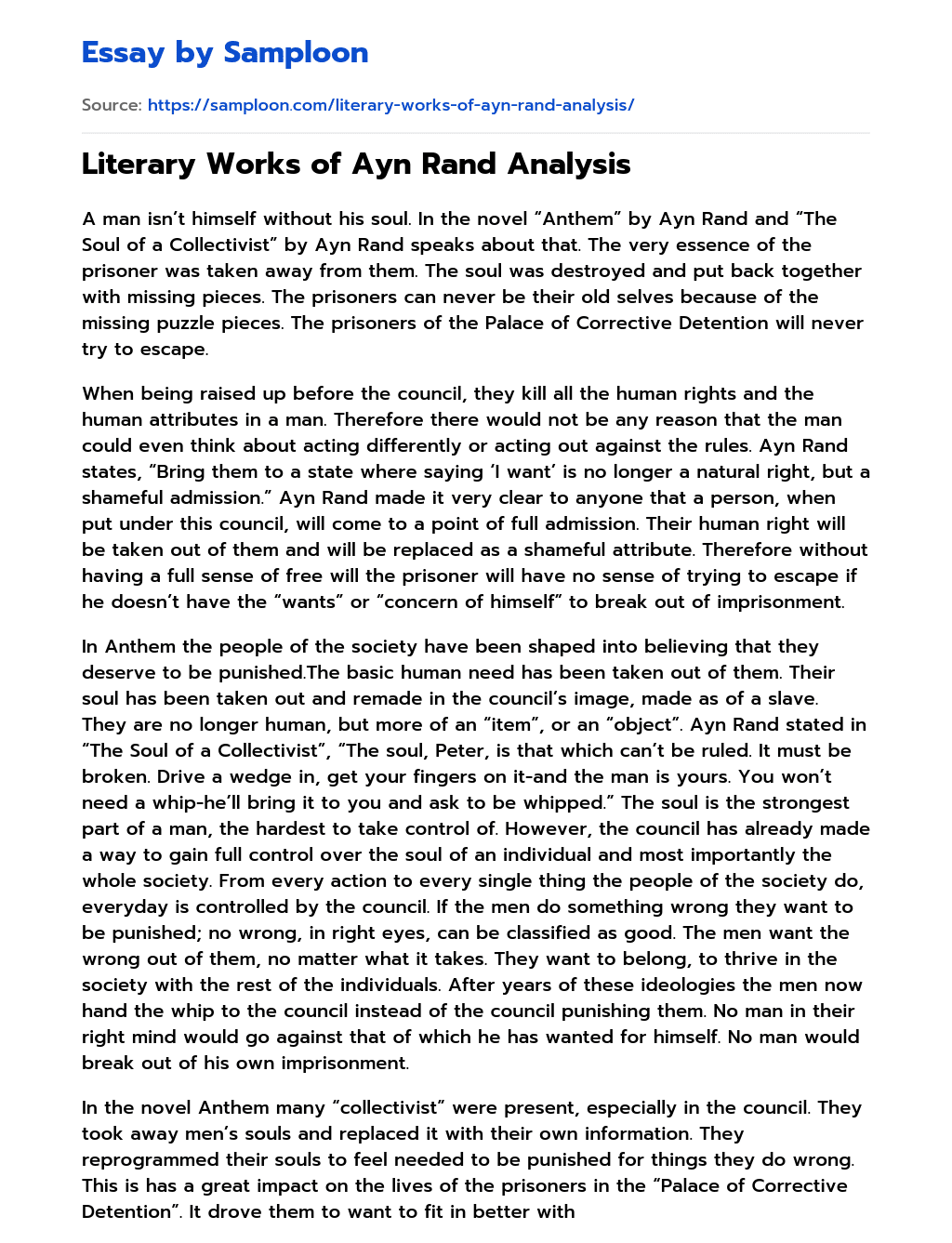 Literary Works of Ayn Rand Analysis essay